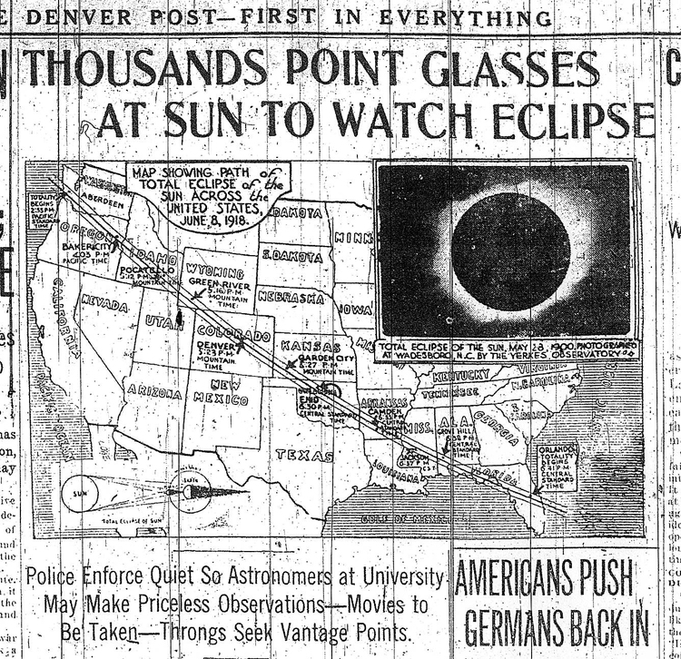 Map showing path of total eclipse of the sun across the United States, June 8, 1918