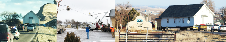 three pictures of the construction required to move the Japanese Hall building, including raising power lines and a police escort across town. The last picture shows its current location at the Legacy of the Plains Museum.